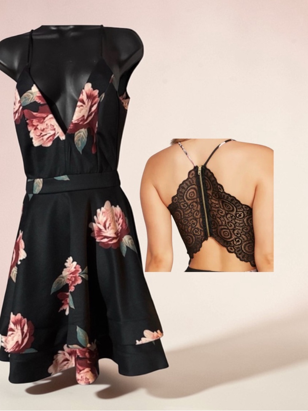 Trac Floral Scuba Slater Mini Dress w/Lace Back and Cutout - Size S